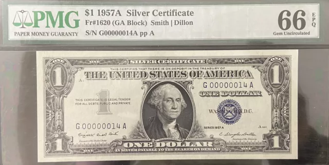 $1.00 1957-A Low Serial #14 Silver Certificate Pmg Gem Unc 66Epq