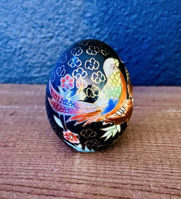 Vintage Cloisonne Ceramic Enamel Egg Black with 2 Birds & Florals EUC