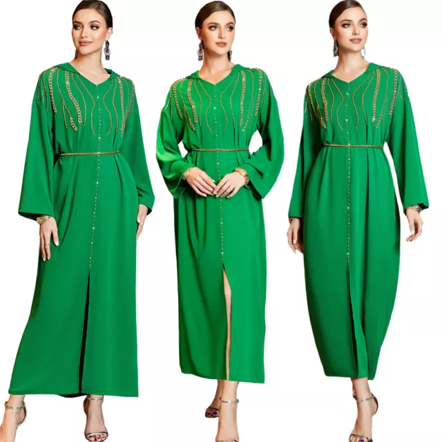 Dubai Abaya Kaftan Muslim Women Rhinestone Party Moroccan Long Sleeve Maxi Dress
