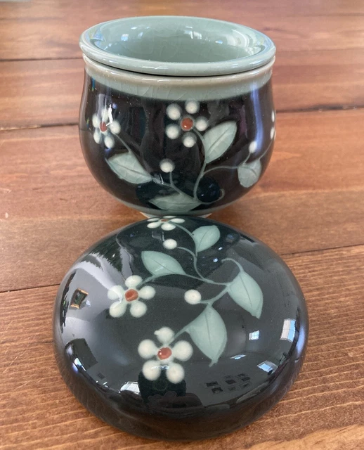 Dark Green Celadon Loose Leaf Tea Cup Lid n Strainer 3 Pcs Glazed Hand Painted