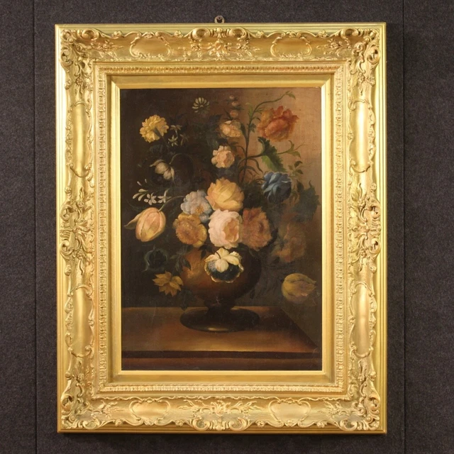 Bodegon jarron con flores estilo antiguo pintura oleo sobre lienzo marco cuadro