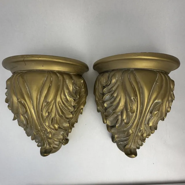 2 Large Resin Gold Botanical Leaf Sconce Shelves Wall Decor Ornate Display Shelf