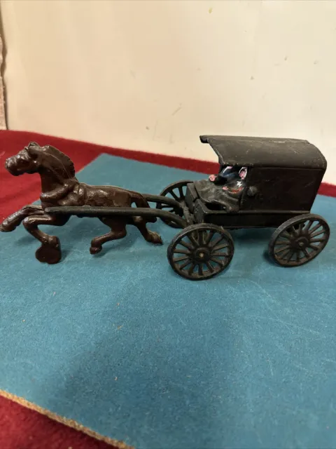 Vintage Cast Iron Metal Amish Family on Horse Drawn Carriage Wagon Buggy Antique