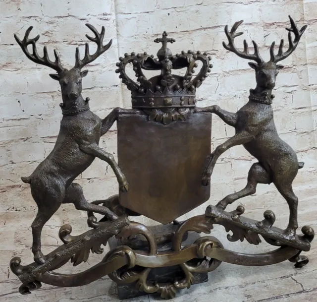 Royal Achievement of Arms Two Reindeers Crown Shield Bronze Sculpture Crest Gift