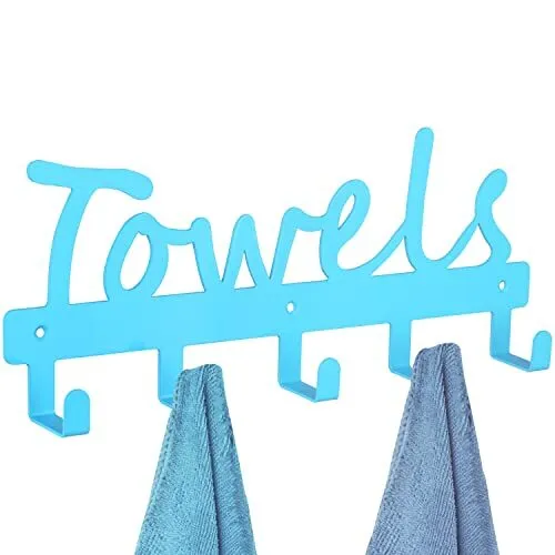 Beach Pool Towel Rack 5 Towel Hooks Wall Mount Towel Holder Blue Metal Towel