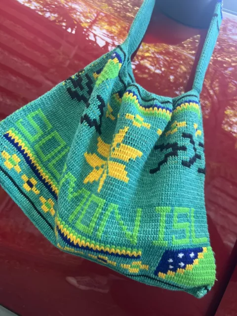 Traditional Handmade Green Blue PNG Bilum Solomon island Flag Eco Bag Melanesia