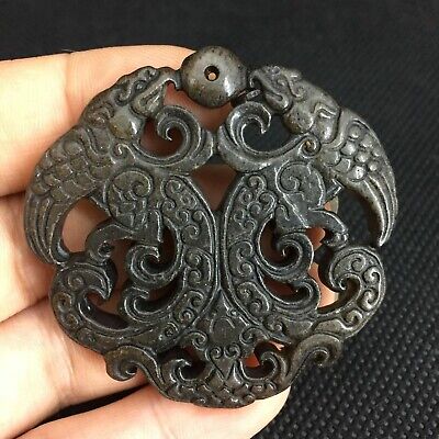 Exquisite Chinese Old Jade Carved *2 Phoenix* Amulet Pendant Y12