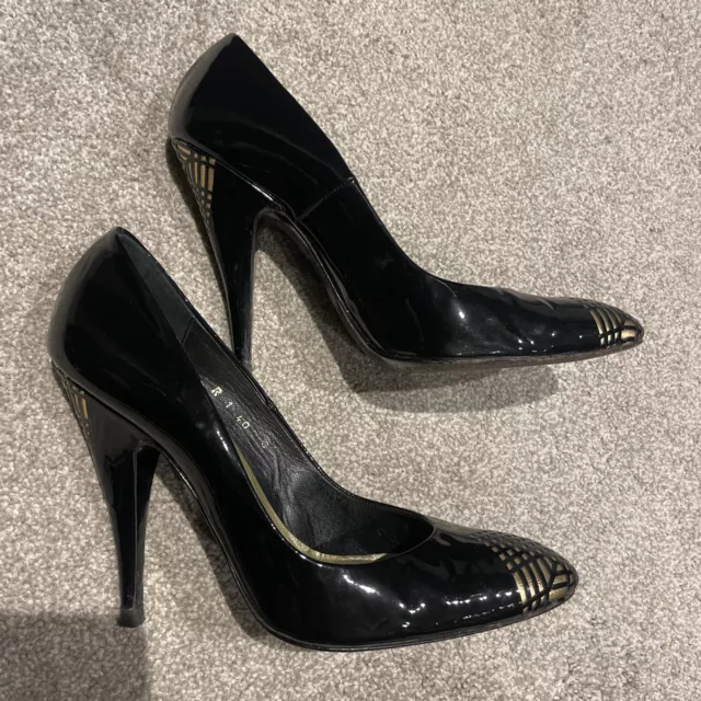 LADIES REISS BLACK Gold Heels Court Shoes Office Patent Leather EU40 ...