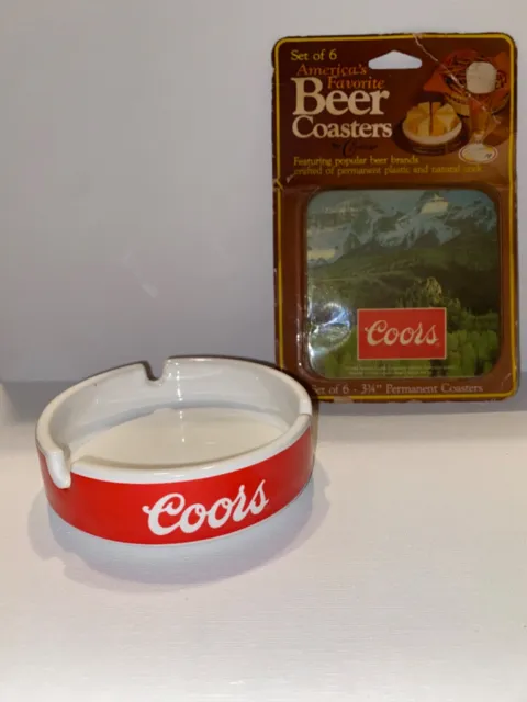 NOS Vintage Red & White Coors Beer Ashtray & Set of Vintage Coasters New in Pkg!