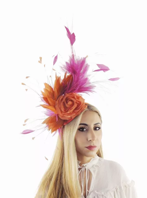 Cerise Pink Orange Feather Kentucky Derby Fascinator Hat Wedding Cocktail