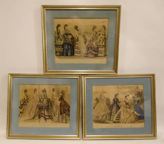 Set of 3 Antique 1864-1873 Fashion Prints Les Modes Parisiennes & Godey's Framed