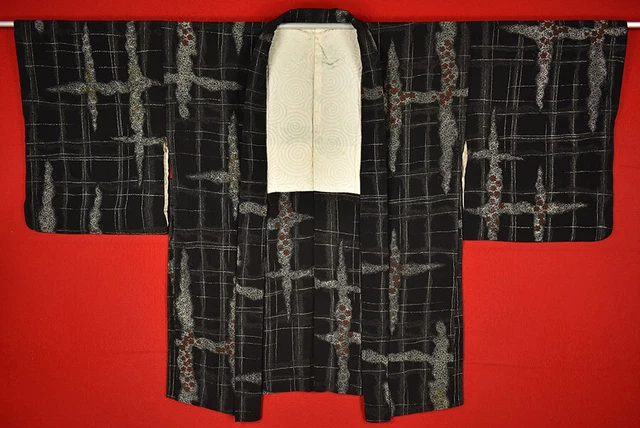Vintage Japanese Kimono Silk Antique BORO Black HAORI Kusakizome Woven/B236/665