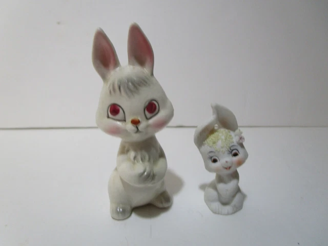 2 Vintage ceramic Easter Bunny rabbits figurine 2-1/4 " and 3-3/4" Lefton?