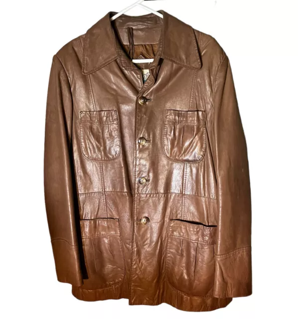 J. Riggings Men's Leather Jacket Safari Size 42 Cognac Tan Vented Western Vtg