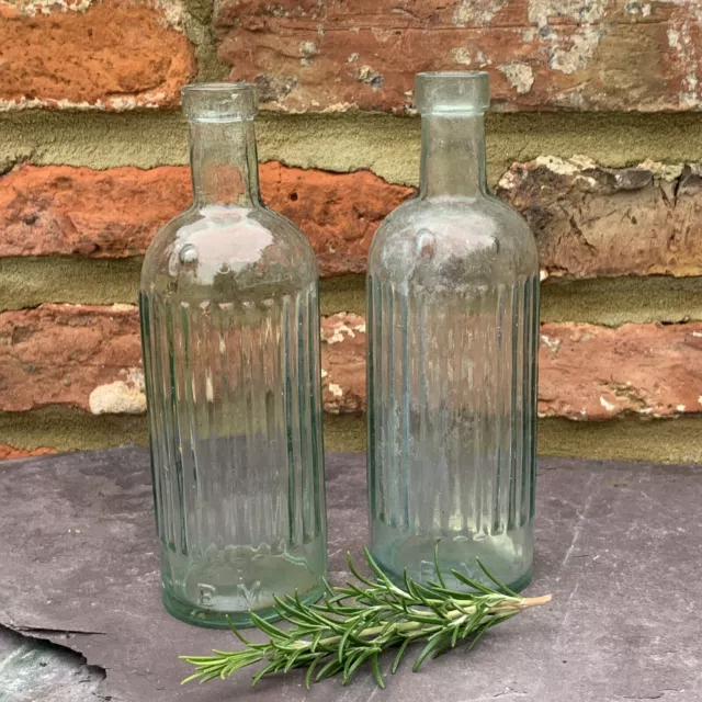 Old Fashioned Victorian Large Glass Poison Bottles x 2 Antique Clear Glass