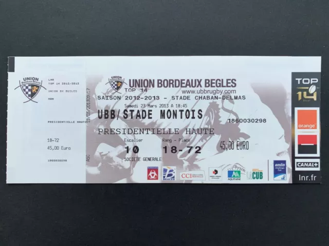 Rugby match ticket BORDEAUX BEGLES UBB / STADE MONTOIS MONT-DE-MARSAN ticket