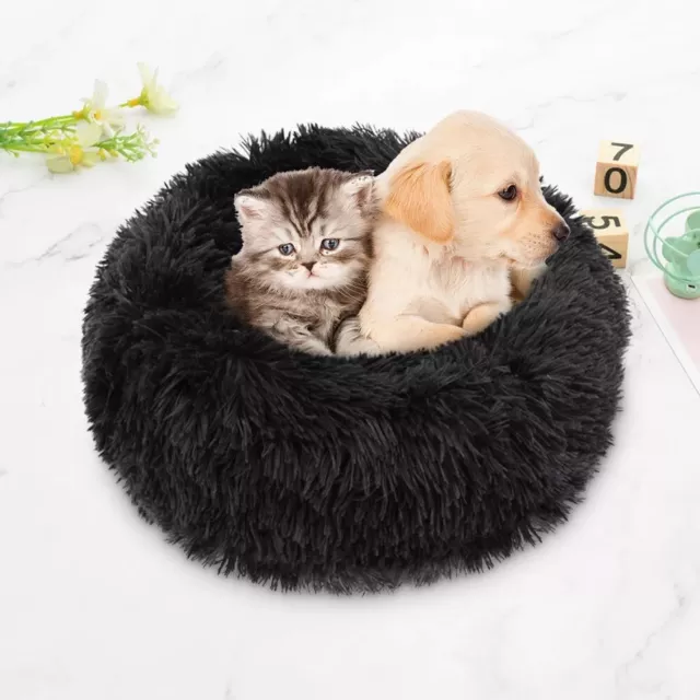 Coussin En Peluche Rond Pour Chat Chien Soyeux Doux Neuf Noir Lit Velours Chaton 2