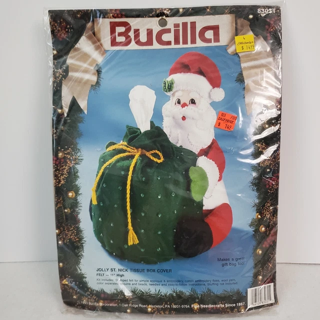 Cubierta de caja de tejido de colección Bucilla Jolly St. Nick fieltro 11" alto 83031 nueva 1993 sellada