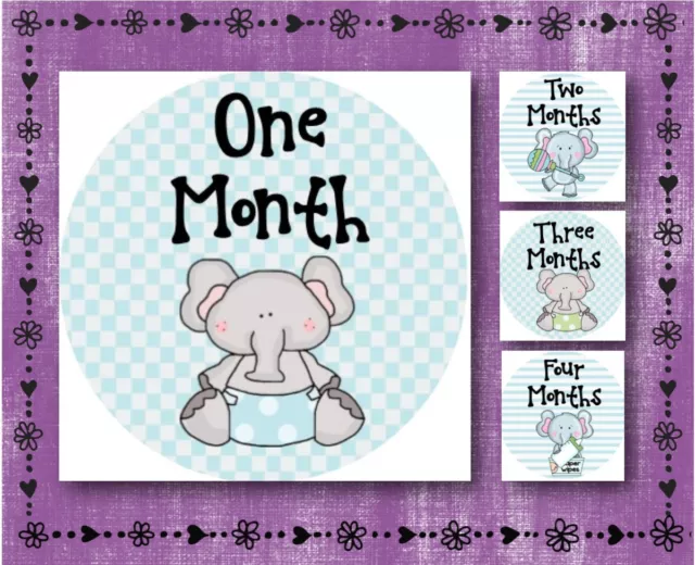 Baby Elephant - BLUE - Baby Month 1-12 - Milestone Stickers - 2.5" Round Glossy