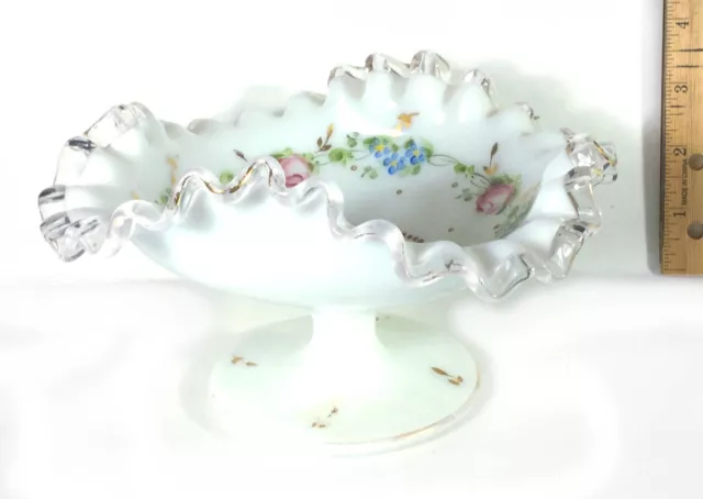 White Milk Glass Ruffled Edges Dish Compote With Pink Rose Flowers By Fenton