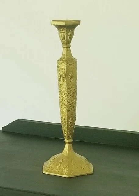 Antique Gold Jennings Brothers JB Art Dutch Farming Scene Metal Candlesticks 12"