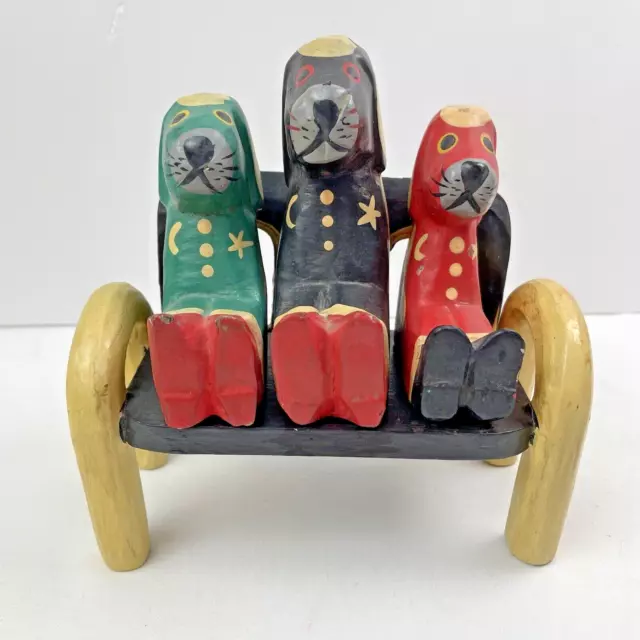 Vintage Wooden Dogs Sitting On Park Bench Hand Carved Folk Art Hand Painted