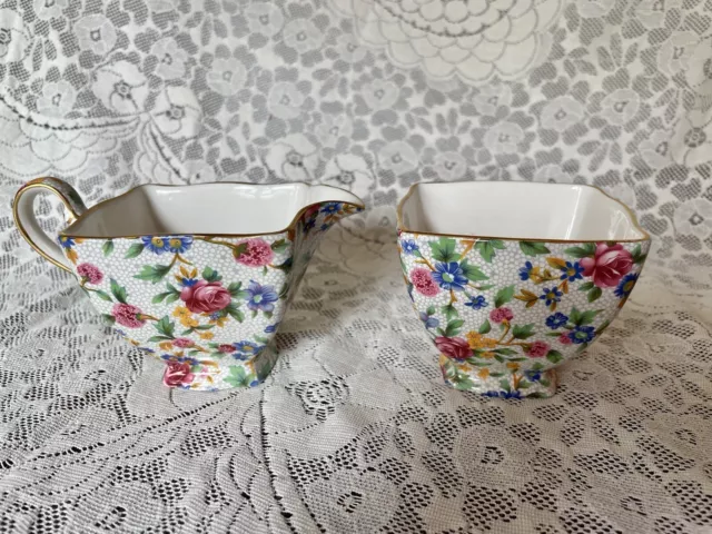 Vintage Royal Winton Grimwades OLD COTTAGE CHINTZ Floral Sugar Bowl & Creamer