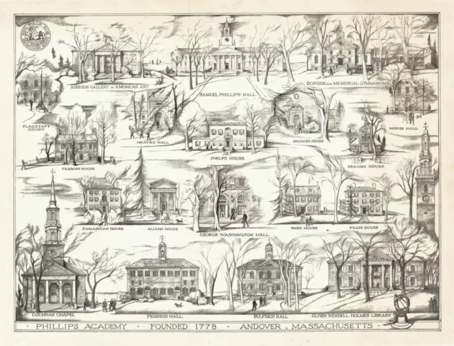 MidCentury Map of Phillips Academy Andover Massachusetts Wall Art Poster Print