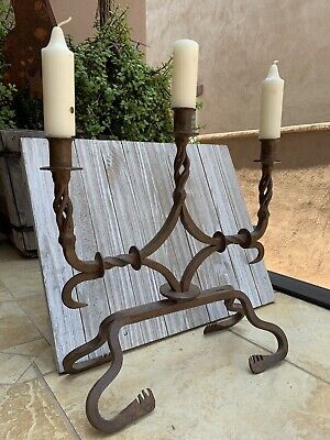 Primitive Hand Forged Twisted Wrought Iron 3 Candle Holder 15-3/4” Tall x 15-1/2
