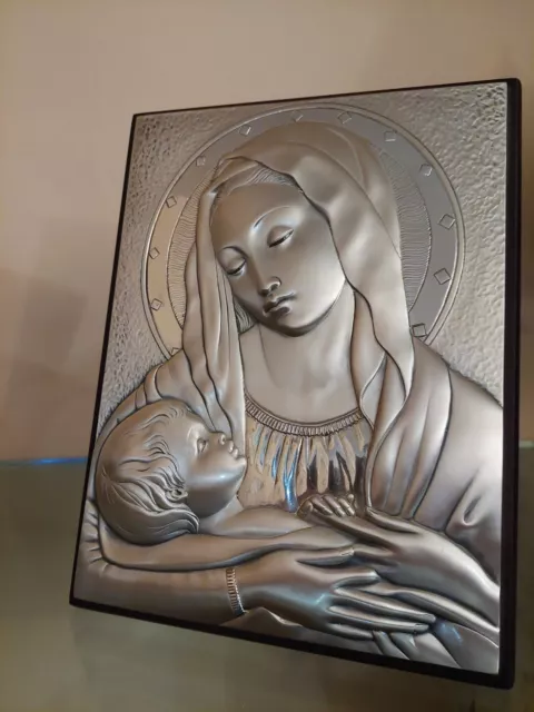 Quadro bassorilievo in argento 925  Madonna con bambino su supporto in legno