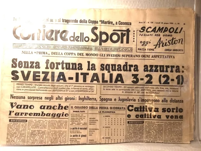 Corriere Dello Sport 25/06/1950 Calcio Il Napoli Torna In Serie A Italia Svezia