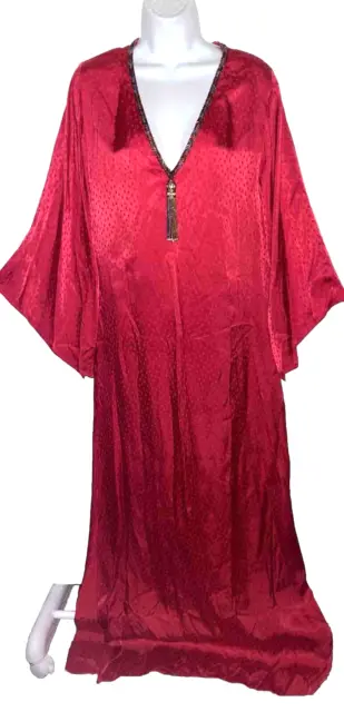 Vintage Oscar de la Renta 100% SILK Red Long Beaded Tasseled Kaftan Dress Sz M