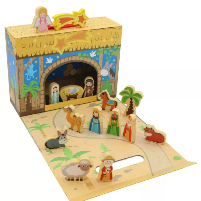 Decoración Navidad - Niños Natividad Caja Escena & Figuras - Madera