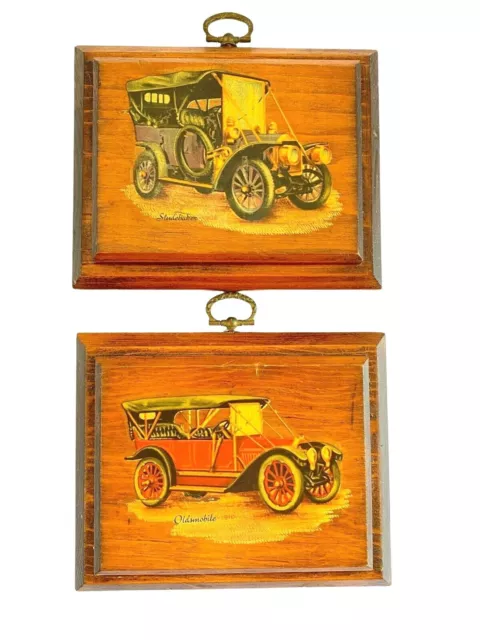 Vtg 5" x 4" Wooden Wall Plaque Cars 1906 Studebaker & 1910 Oldsmobile Set of 2