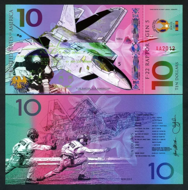 USA, $10, Private Issue Polymer Banknote, 2017, Fighter Jet, F-22, Army