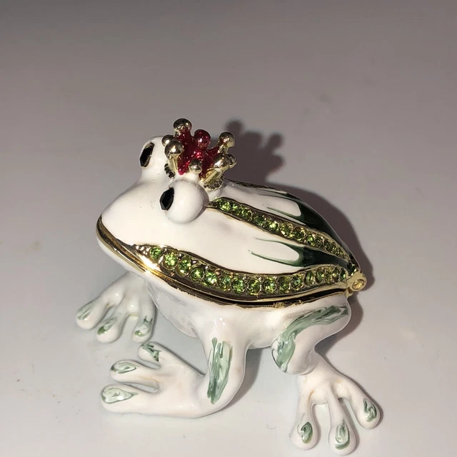 trinket box metal enamel bejeweled frog with a crown on head