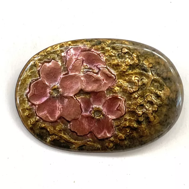 Vintage Enamel Copper Oval Brooch Flowers Floral Pink 2.25” BEAUTIFUL Hand Made