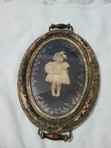 Antique 1900s needlepoint framed Vintage Floral Flowers little Girl