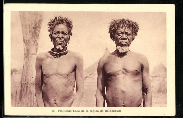 CPA afrikanische Volkstypen, Vieillards Loka de la region de Baibokoum, zwei äl