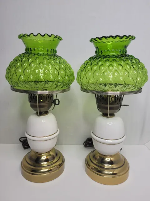 Vtg 2 Green Glass GWTW Parlor Table Lamp Diamond Quilted Diamond Shade Hurricane