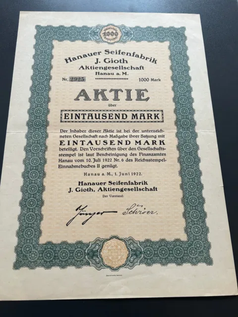 Aktie Hanauer Seifenfabrik J.Gioth AG 1000 Mark 1922