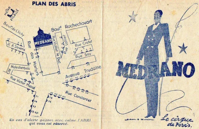 Cirque Médrano programme  janvier 1944 avec plan des abris !!