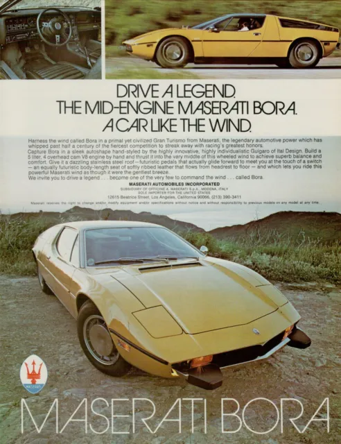 1974 Maserati Bora Mid-Engine Drive a Legend Car Like the Wind VINTAGE PRINT AD