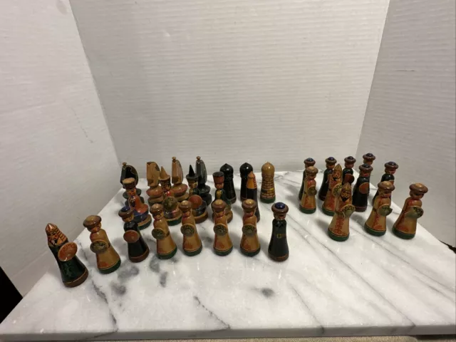 Soviet handpainted chess set 70s Vintage Oriental wooden chess Antique russian