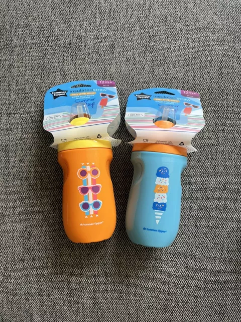 Lot of 2 Tommee Tippee Insulated Straw Toddler Sippy Cup 12m+ (Orange & Blue)