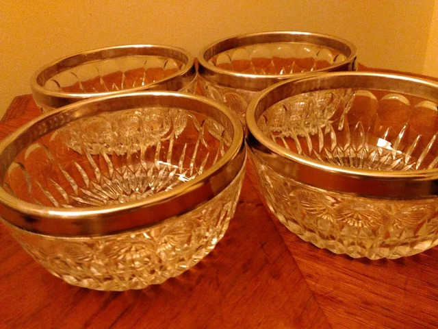Thumb Print Silver Plate Rimmed Crystal Bowls, Set Of 4, 5"