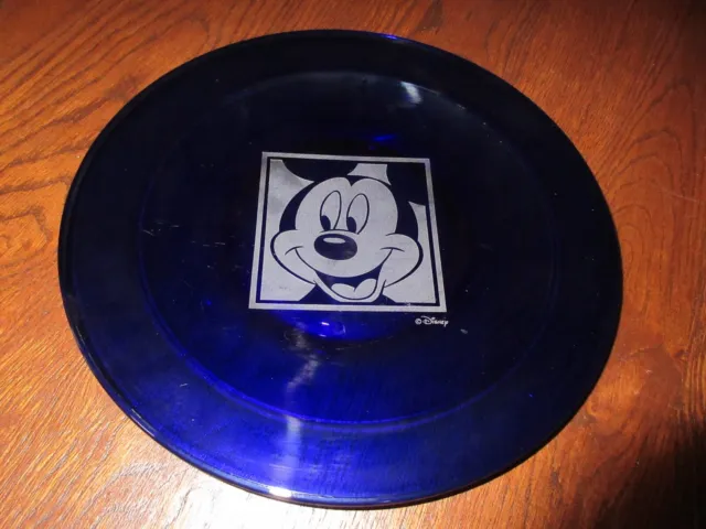 Vtg Disney Clear Cobalt Blue Frosted Etched Glass 10 1/4" D. Mickey Mouse Plate