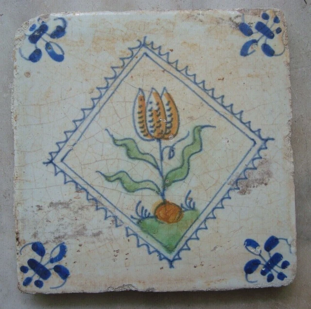 17th century delft handpainted dutch  tile with  tulip/tulp 1650