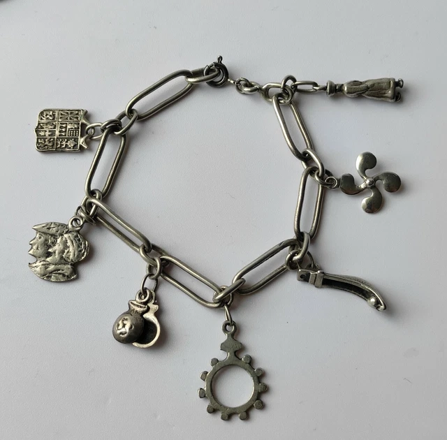 Bracelet Ancien En Argent Massif Avec Breloques - XIXème Siècle - Occasion - Argent Sterling