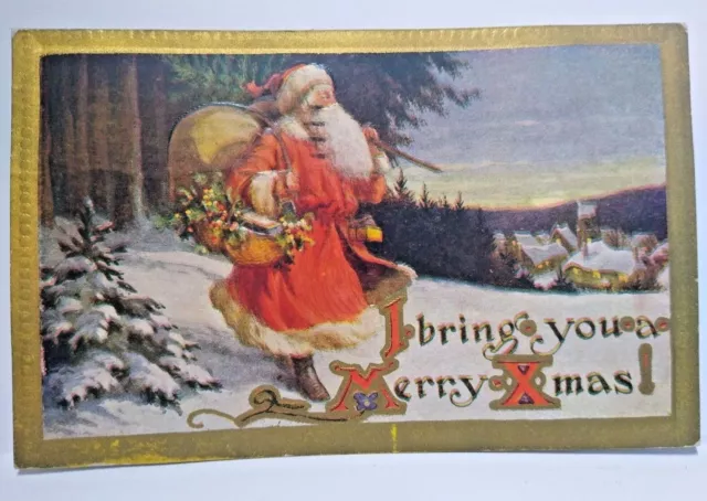 Christmas Postcard Santa Claus Outside 1919 Health Red Cross Stamp Embossed